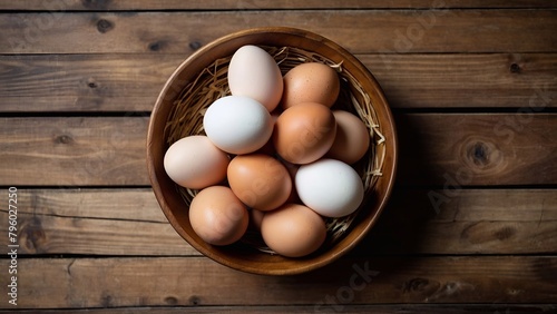 eggs in a bowl on wooden background 