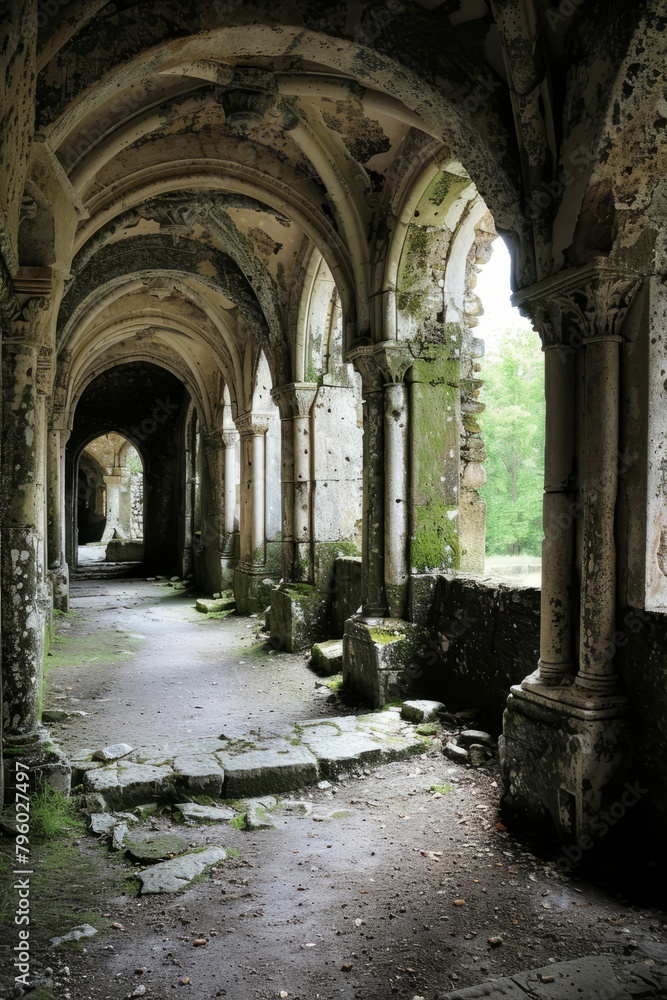 Fototapeta premium Step into the silent ruins of an ancient monastery, where weathered cloisters and crumbling chapels stand as to life of devotion and prayer, Generative AI