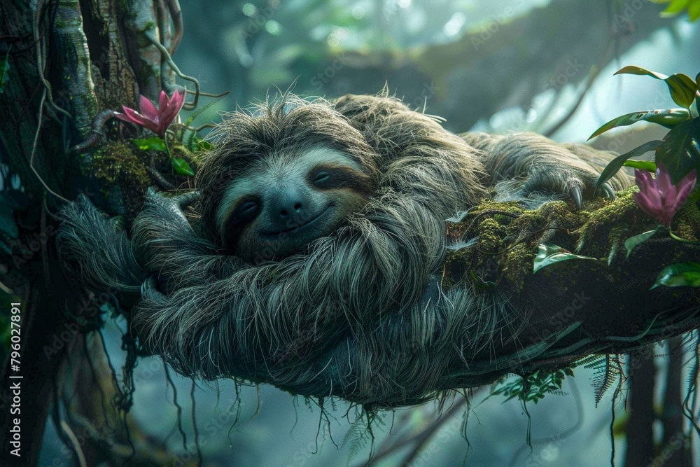 Obraz premium A photo of a sloth smiling while hanging from a tree branch in the jungle.