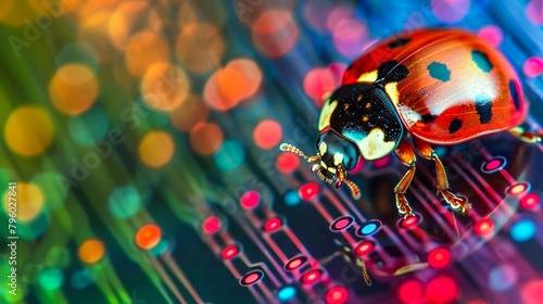 A ladybug is sitting on a circuit board. The background is a rainbow of colors.