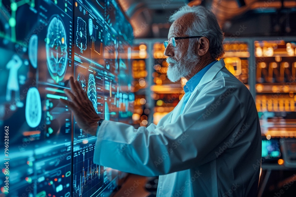 A senior doctor leads a team of virtual medical professionals, their figures projected in a high-tech, softly lit healthcare facility. A senior doctor leads a team of virtual medical professionals, their figures projected in a high-tech, softly lit healthcare facility.