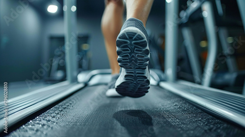 A close-up shot capturing a man's feet pounding on a treadmill, whether at the gym or home, showcasing determination and commitment to fitness.
