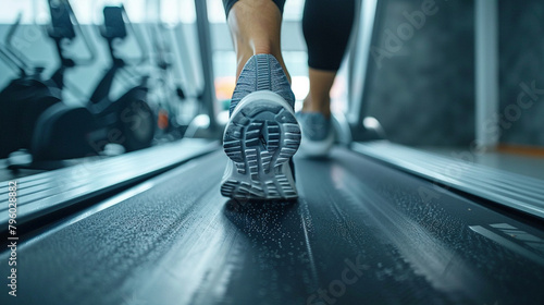 A close-up shot capturing a man s feet pounding on a treadmill  whether at the gym or home  showcasing determination and commitment to fitness.