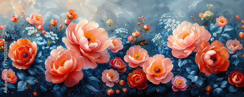  Coral and blue roses on a dark background. Created with Ai © Creative Stock 