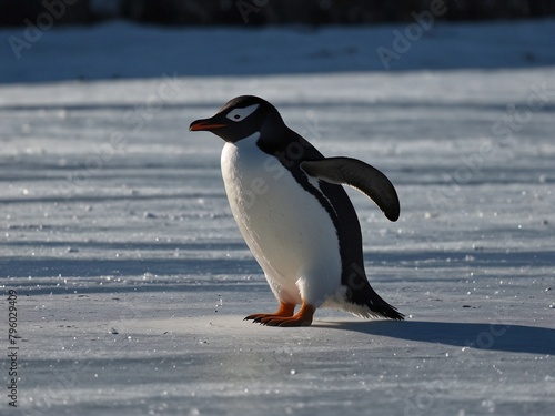 Cute little penguin on winter snow landscape