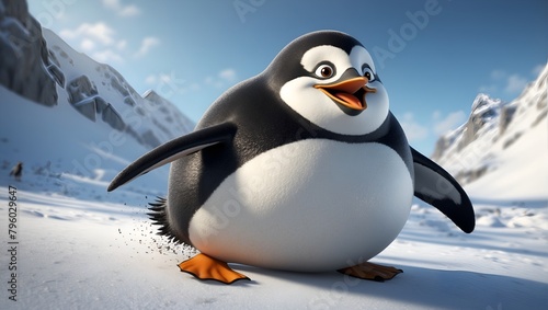 Cute chubby penguin on winter snow landscape 