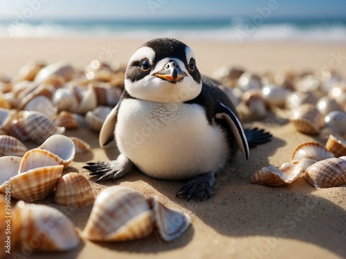 Cute little penguin on the beach playing with seashells. 