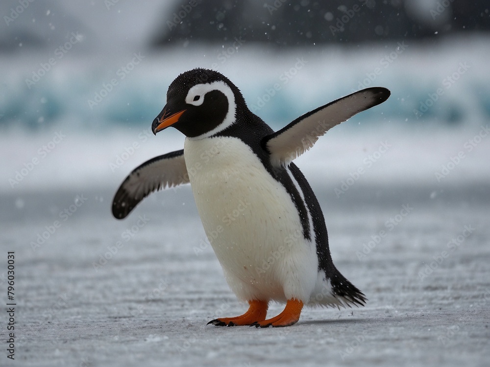 Fototapeta premium Cute little penguin on winter snow landscape