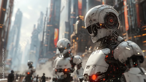 Design a captivating digital art piece featuring sleek, humanoid robots against a dystopian cityscape, depicted in a photorealistic style with a low-angle view that highlights the contrast between the