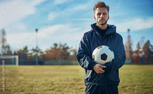 Soccer Coach with Ball on the Field at Daytime