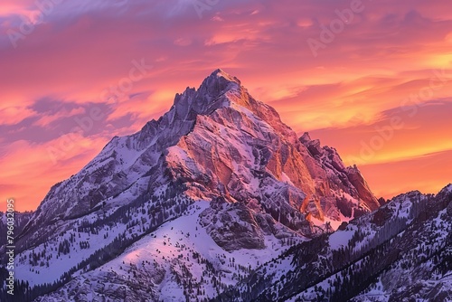 Mountain Peak at Sunset, With The Golden Glow of The Sun Painting The Sky in Hues of Orange And Pink, Generative AI