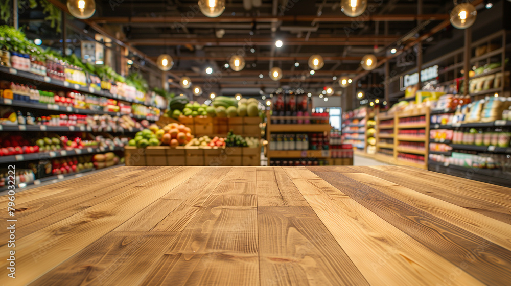 Wooden Table Perspective in Blurry Grocery Store Interior Wooden Table Perspective in Blurry Grocery Store Interior
