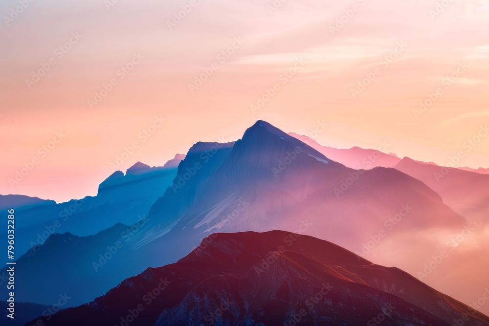 Mountain Peak at Sunset, With The Golden Glow of The Sun Painting The Sky in Hues of Orange And Pink, Generative AI