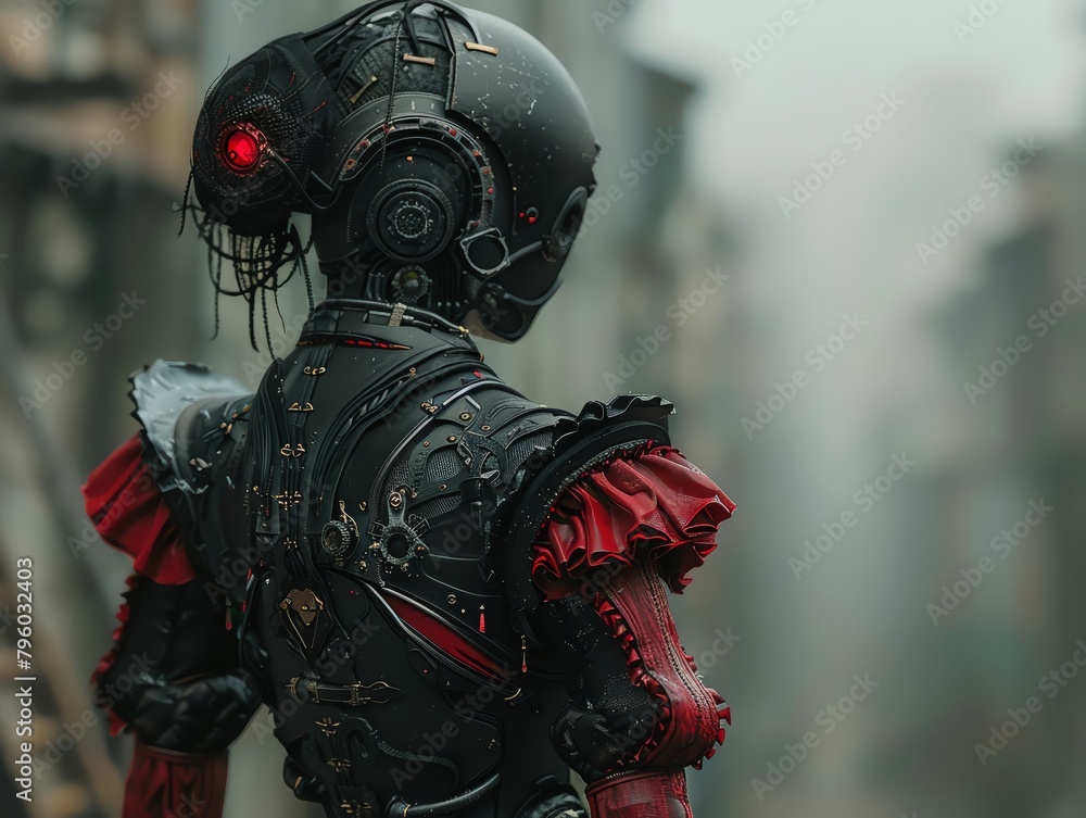depict the back of a cyborg-like character in a Victorian-era setting reminiscent of a Gothic novel, incorporating an inventive side view that subtly hints at the characters hidden mechanical enhancem depict the back of a cyborg-like character in a Victorian-era setting reminiscent of a Gothic novel, incorporating an inventive side view that subtly hints at the characters hidden mechanical enhancem