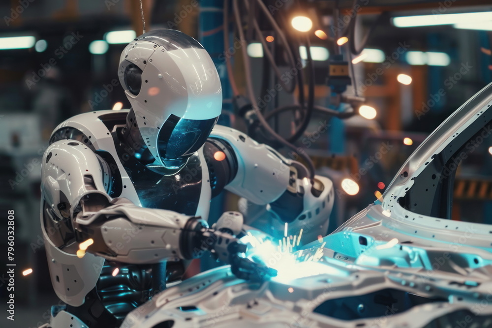 Fototapeta premium Robot human replacing jobs AI artificial intelligence humanoid, working at automobile factory, Welding the car body