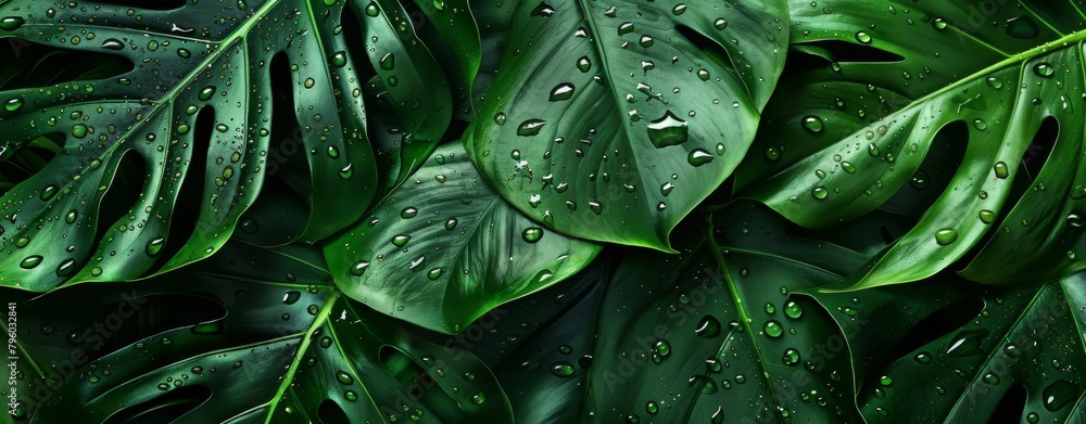 Monstera leaves with water drops on a dark background Monstera leaves with water drops on a dark background