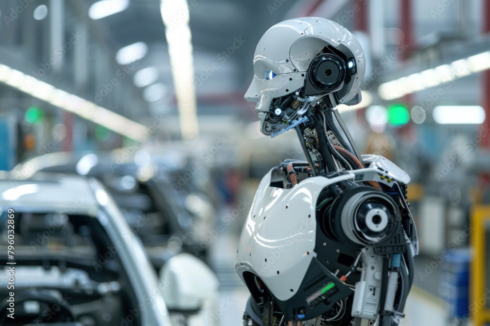 Robot human replacing jobs AI artificial intelligence humanoid, working at automobile factory Robot human replacing jobs AI artificial intelligence humanoid, working at automobile factory