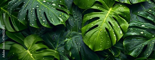 Monstera leaves with water drops on a dark background