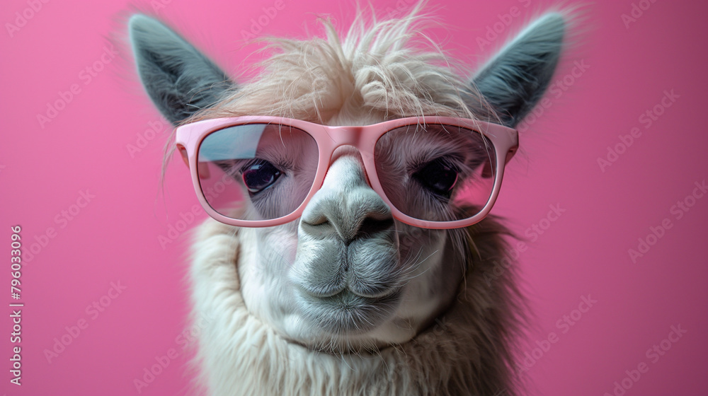 Creative animal concept. Llama in sunglass shade gla Creative animal concept. Llama in sunglass shade gla