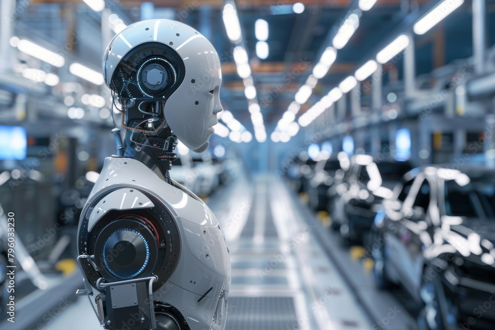 Robot human replacing jobs AI artificial intelligence humanoid, working at automobile factory