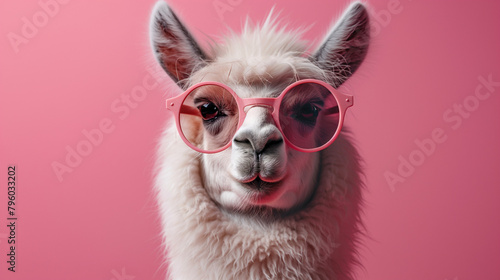 Creative animal concept. Llama in sunglass shade gla photo
