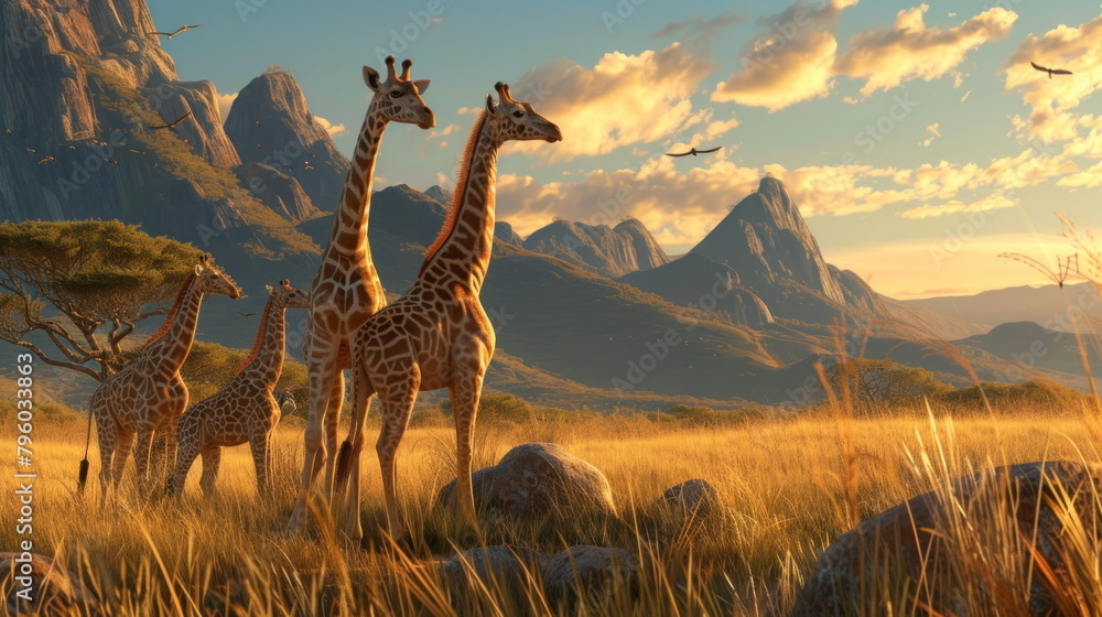 Fototapeta premium giraffes in the savannah with mountain background