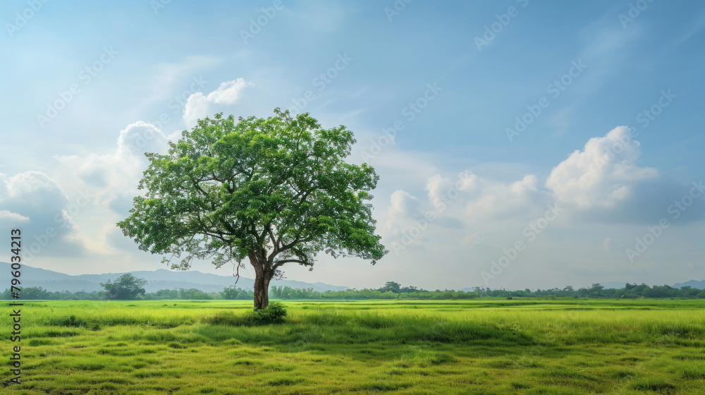 Tree stand on green field background, nature wallpaper for web or banner