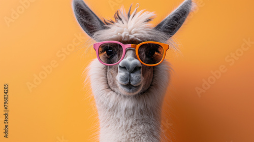 Creative animal concept. Llama in sunglass shade gla photo