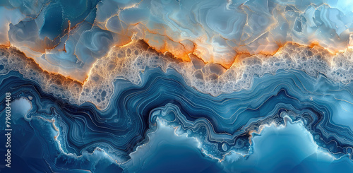 A stunning closeup of an ocean blue and amber agate surface, showcasing its intricate patterns and vibrant colors. Created with Ai photo