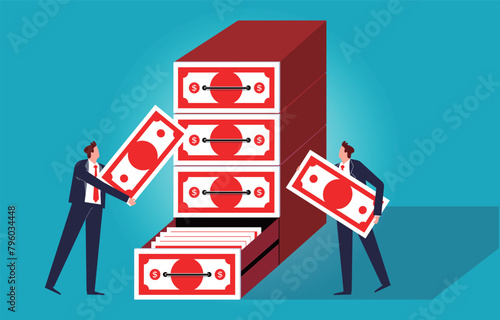 Wealth management, money saved, consumer negativity, retirement funding programs, businessmen taking bills and saving them inside a drawer
