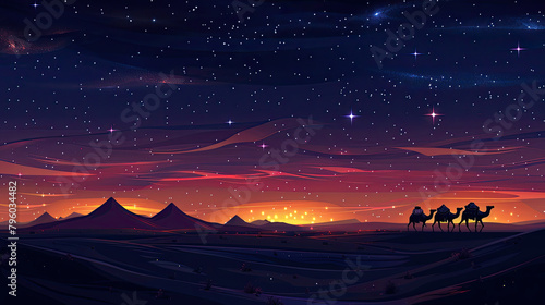 An illustration of a starry night over a desert with a camel caravan silhouette, incorporating Islamic cultural elements
