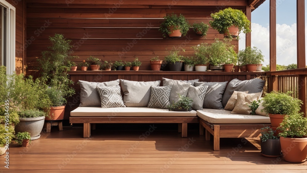 A wooden deck with a couch, table, and plants on it.