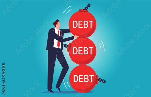 More and more debt, debt problems, overloaded debt or expense payments, financial lending risks and crises, businessmen stacking higher and higher iron balls of debt