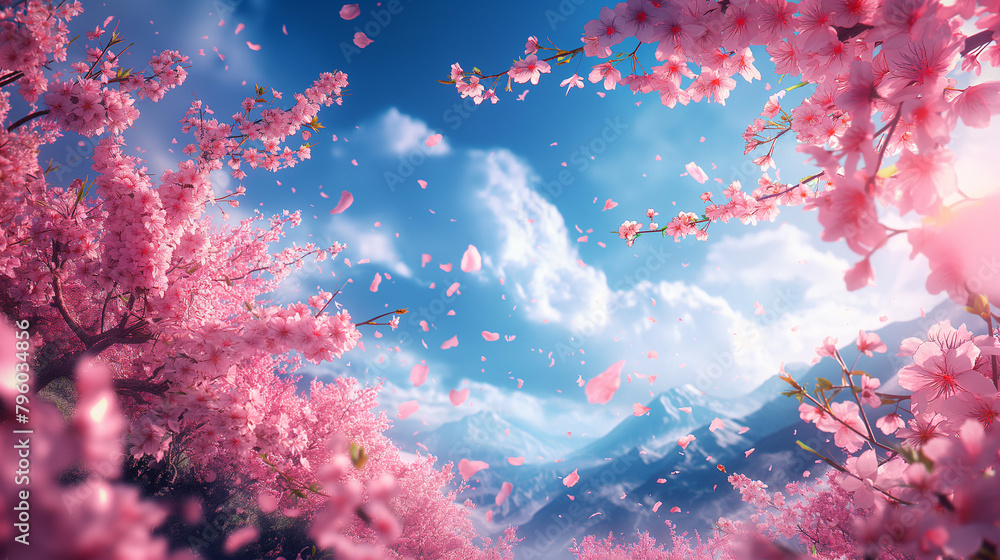 Illustration of blue sky and falling cherry blossom petals.
