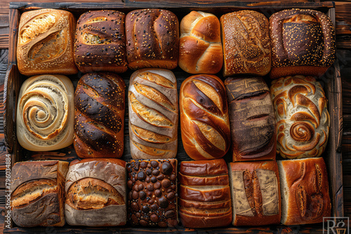 A top view of various breads on dark wooden background  with copy space for text or design. Created with Ai