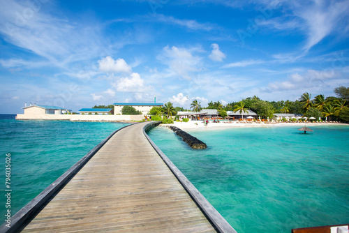 The Wooden Walking Bridge At Resort In Maldives Island. Maldives Is A Wonderful Tropical Island With White Sandy Beaches. © Huy Nguyen