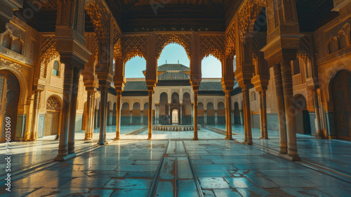 A photograph capturing the intricate tile work and arabesque designs of a historic Islamic building