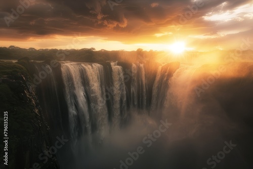 Majestic Waterfall Bathed in Golden Light at Sunset  With The Mist Catching The Last Rays of The Sun And Creating a Magical Atmosphere  Generative AI