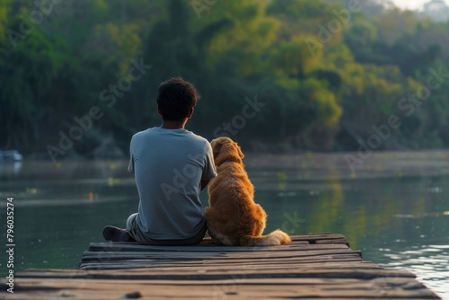 Indian man sitting with dog on jetty outdoors animal mammal. photo