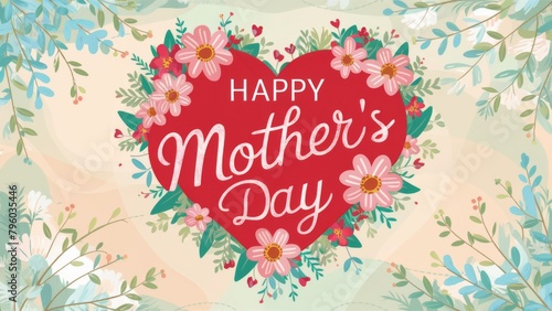 Happy Mother's Day Card with Floral Design and Text - Greeting, Celebration, Affection - Retail, E-commerce.