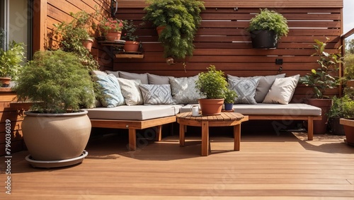 A wooden deck with a couch, table, and plants on it. © Awais