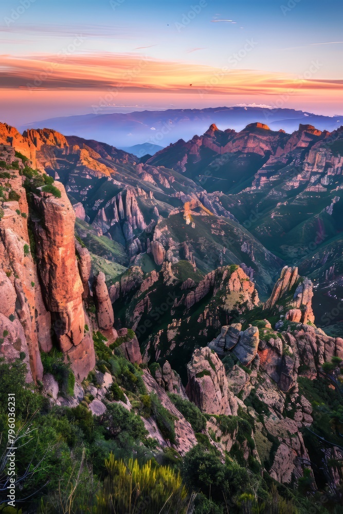 Fototapeta premium Majestic Mountain Landscape Bathed in Golden Hour Light, With The Peaks Glowing Orange And Pink Against a Backdrop of Deep Blue Sky, Generative AI