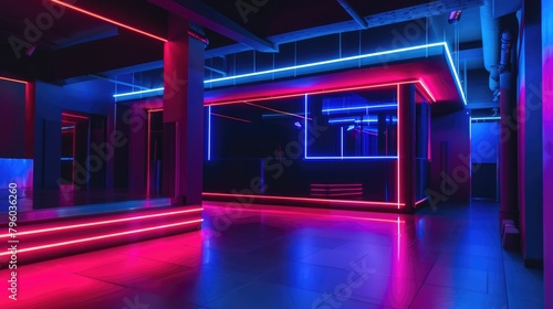 Vibrant neon lights outline an empty clubs modern interior