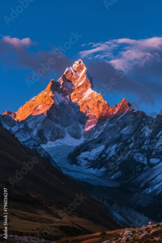Majestic Mountain Landscape Bathed in Golden Hour Light, With The Peaks Glowing Orange And Pink Against a Backdrop of Deep Blue Sky, Generative AI