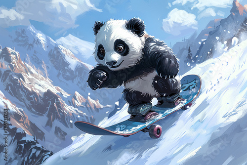 a panda surfing in the snow