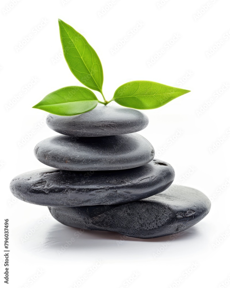 Spa stones with green leaves on white background. Zen concept. Spa stones with green leaves on white background. Zen concept.