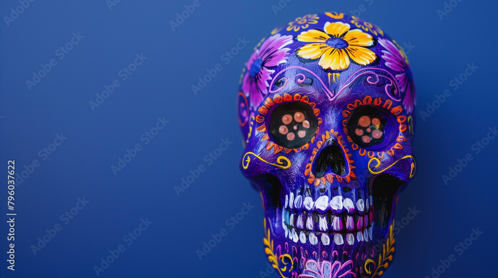Decorative Blue and Gold Skull Art on Solid Blue Background, Dia de los Muertos