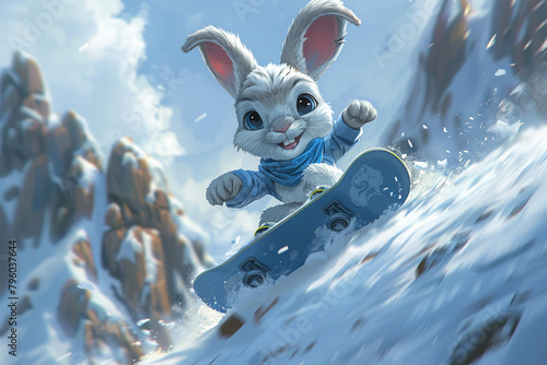 a rabbit surfing in the snow
