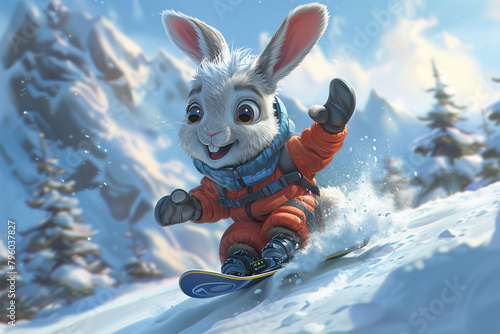 a rabbit surfing in the snow