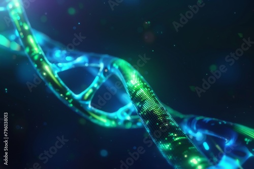 Twisting 3D DNA strand with glowing nodes and a high-tech digital feel.